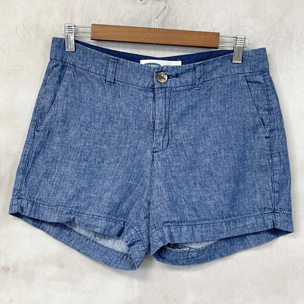 Old Navy Everyday Short Women 4 Dark Chambray Linen Blend Minimal Coastal Beach